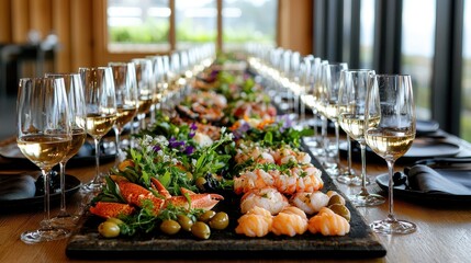 Elegant seafood antipasto platter with fresh shrimp, lobster claws and mixed greens paired with white wine at upscale restaurant dining experience