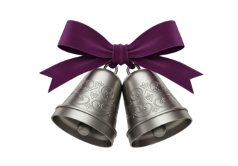 Isolated two metal bells tied with a purple ribbon bow for Christmas decoration ornament
