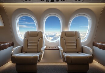 Obraz premium Luxury Air Travel Interior with Smooth Leather Seating and Windows