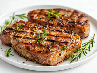 large grilled pork steak with rosemary and thyme. on a white plate, on a white background