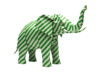 Isolated origami elephant with green and white stripes folded paper animal figure