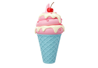 Isolated Pink Ice Cream Cone Dessert with Cherry Topping and Creamy Drizzle Design