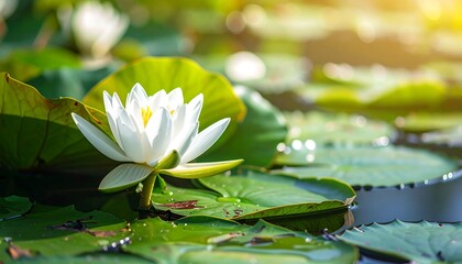 A close-up image showcases a pristine white aquatic flower, centered on green lily pads, with sunshine on the water's surface