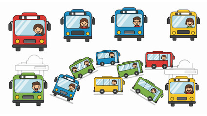 Naklejka premium Set of colorful cartoon buses with cartoon drivers ready for a fun ride or educational journey