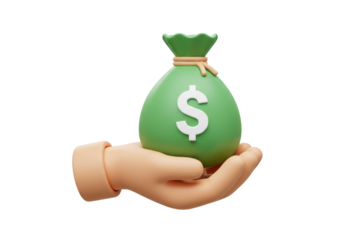 Isolated money bag in hand offering cash, financial gift giving with earnings success