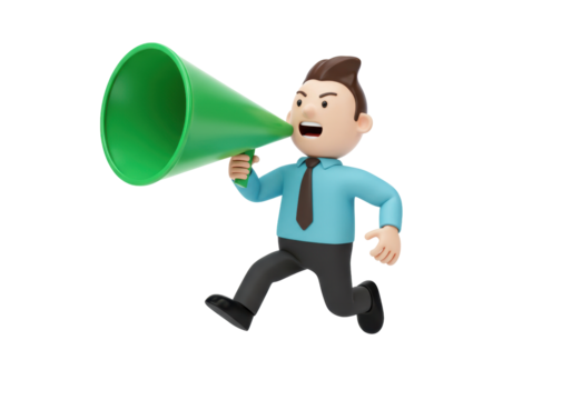 Isolated business man running with megaphone. Announcing with megaphone, urgent alert