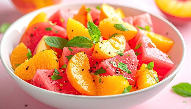 Vibrant fruit salad in white bowl