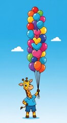 Cartoon Giraffe Floating with Balloons