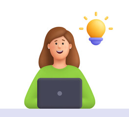 Young smiling woman Kate working on the laptop computer with yellow light bulb. Freelance job, creativity innovation, inspiration, new idea concept. 3d vector people character. Cartoon minimal style.