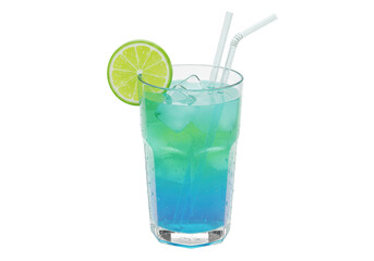 Isolated blue tropical cocktail drink with two straws and lime garnish perfect for summer