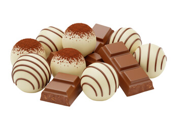 Isolated heap of milk chocolate bar pieces and truffle balls dusted with cocoa powder candy