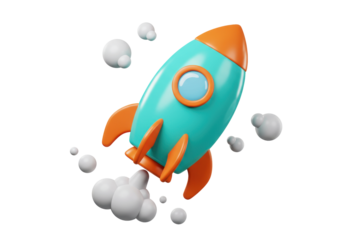 Isolated toy rocket ship launches into space, 3D render, fun and adventurous feeling
