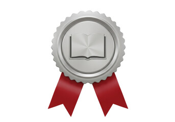 Isolated Silver Book Award Rosette with Red Ribbons, Achievement in Literature, Recognition