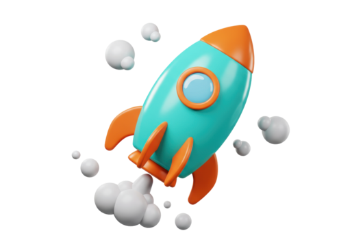 Isolated toy rocket ship launches into space, 3D render, fun and adventurous feeling