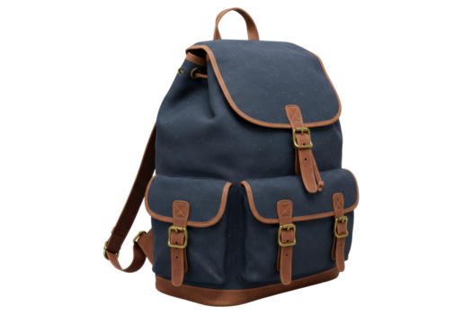 Isolated blue backpack with brown leather accents for travel accessories and school gear