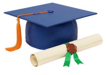 Isolated mortarboard graduation cap and diploma scroll, celebration of academic achievement