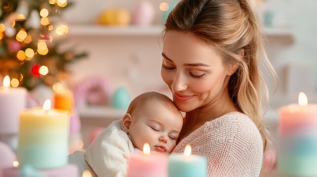 Capturing a tender moment, a mother gazes lovingly at her newborn nestled against her chest. The soft lighting envelops them, creating an intimate atmosphere, while the composition features a calming