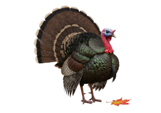 Isolated bird standing near autumnal fallen leaf in nature, Thanksgiving greeting card