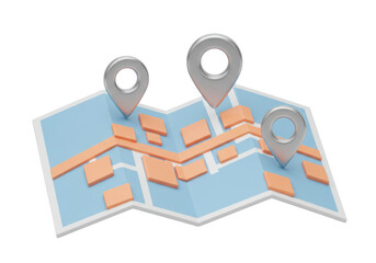 Isolated travel map with silver pins marking locations of interest for direction finding