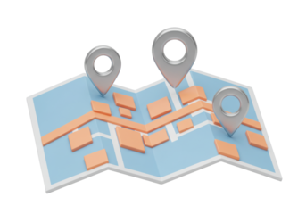 Isolated travel map with silver pins marking locations of interest for direction finding