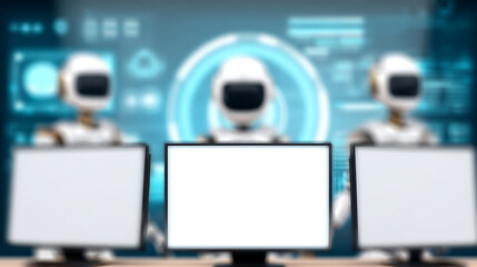 Three humanoid robots working at computer monitors in a high-tech environment