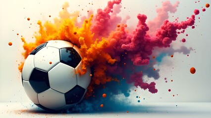 Fototapeta premium Dynamic soccer ball surrounded by colorful powder explosion at a creative art studio