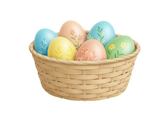 Isolated Easter eggs in a woven basket ready for springtime holiday egg hunt celebrations