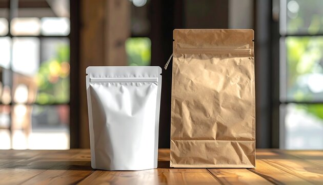 Two flexible pouches, one white, one brown, sit on a wooden surface