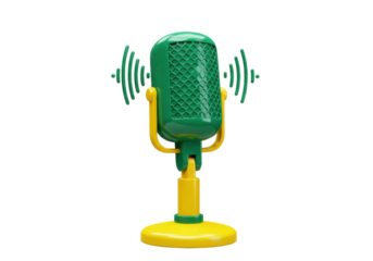 Isolated green and yellow vintage microphone on stand for podcasting or broadcasting audio