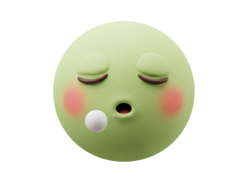 Isolated sleeping emoticon on a soft green sphere with rosy cheeks and a bubble of drool