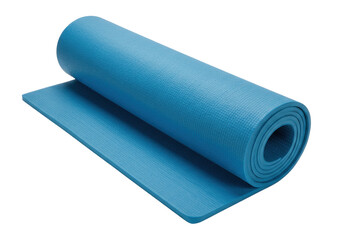 Isolated blue yoga mat partially rolled for pilates or gym training on the floor studio