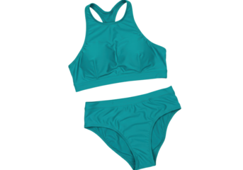 Isolated swimsuit with racerback tank top and bikini bottom in aqua blue teal color fabric