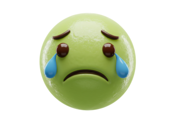 Isolated expression face with crying, sad emoji tears, green color mood, sorrowful feelings