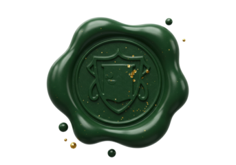 Isolated green wax seal with stylized letter P emblem design for a company identity