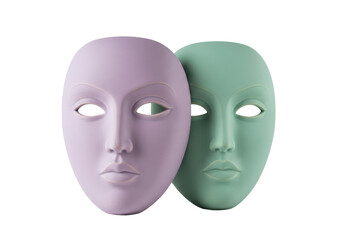 Isolated Pair of Two Colorful Masks, Lavender and Green, Dramatic Expressions and Empty Eyes