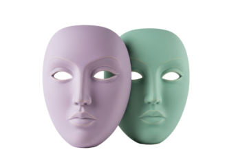 Isolated Pair of Two Colorful Masks, Lavender and Green, Dramatic Expressions and Empty Eyes