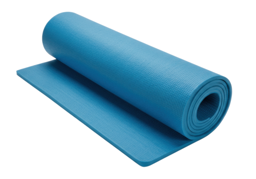 Isolated blue yoga mat partially rolled for pilates or gym training on the floor studio