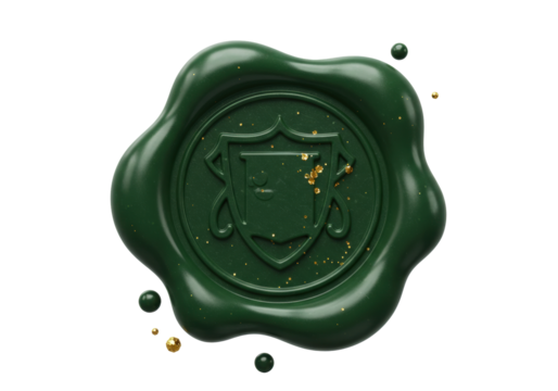 Isolated green wax seal with stylized letter P emblem design for a company identity