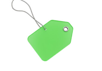 Isolated green tag hanging from a silver beaded chain on a plain surface to add a message
