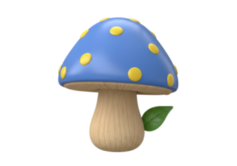 Isolated mushroom with blue cap and yellow spots, cute fantasy clip art, forest fungus