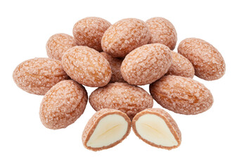 Isolated candied almonds, heap of sugared nuts, festive confectionery and dessert snack
