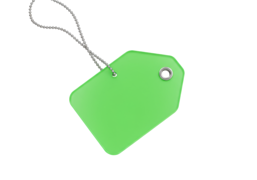 Isolated green tag hanging from a silver beaded chain on a plain surface to add a message - Powered by Adobe