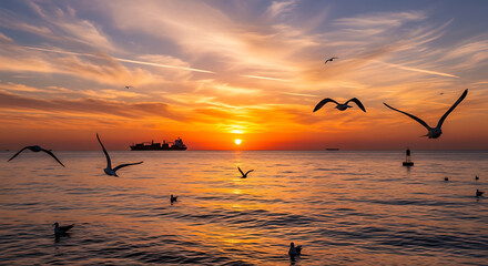 A breathtaking sunset over the ocean with seagulls flying and a ship in the distance at dusk hour ai generated
