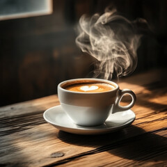 A cup of Coffee above wooden table
