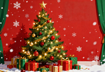 Fototapeta premium Festive Christmas tree with snowflakes and gifts on red background