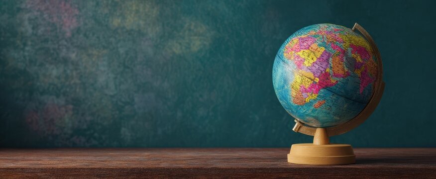 The colorful globe resting on a wooden surface against a textured background.