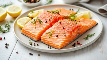 Fresh Salmon Fillets with Lemon and Herbs on a White Plate
