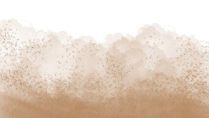 A dramatic, layered cloud of brown dust or smoke fills the image against a solid black backdrop.