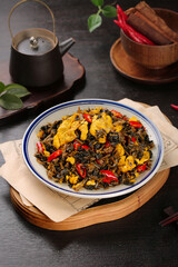 Traditional Farmhouse Scrambled Eggs with Dried Cabbage and Red Peppers Homemade Dish