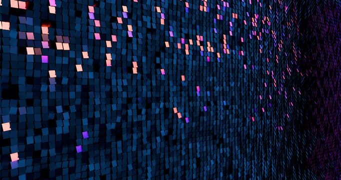 Neon light sequins turn up in a random pattern. Side macro view of gorgeous waving pattern background. 4K 3D rendering loop animation.